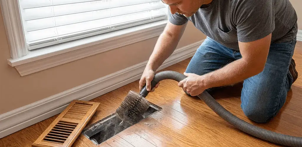 Air duct cleaning technician vacuuming a floor vent and duct opening in Myrtle Beach, SC