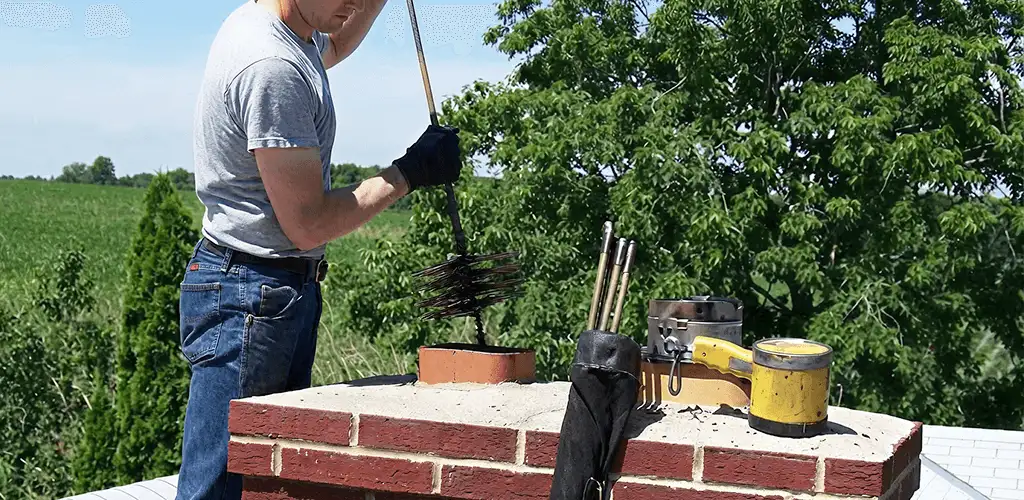 Chimney cleaning technician working on a rooftop chimney with professional tools in Myrtle Beach, SC