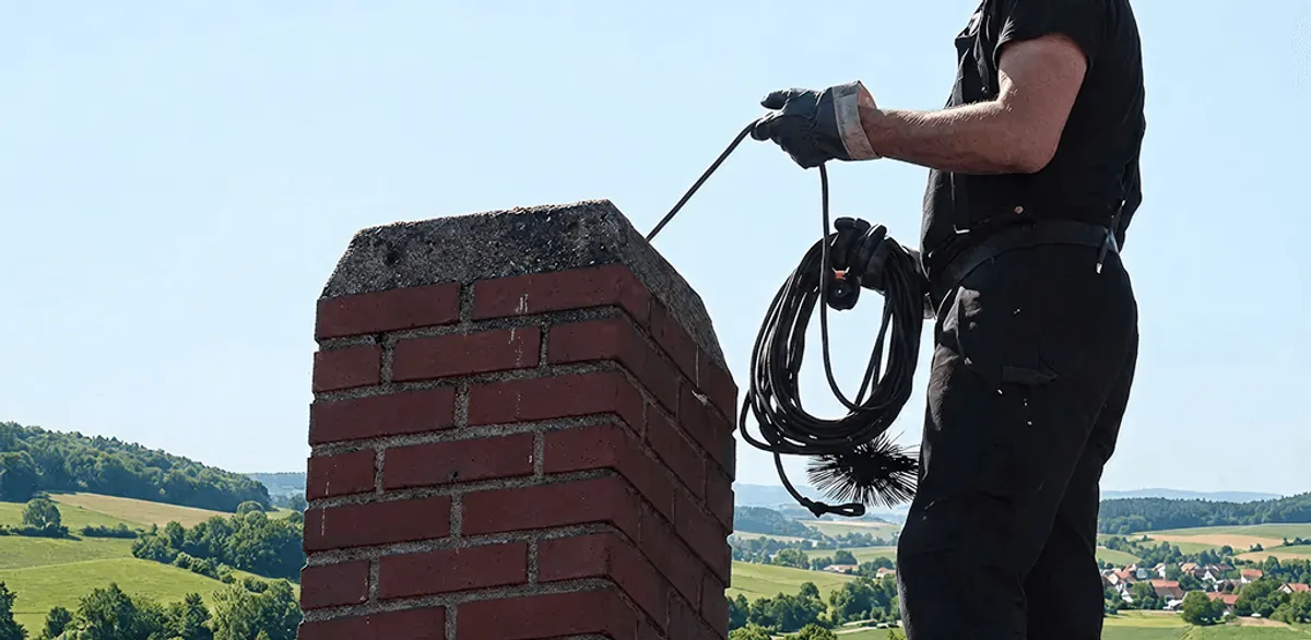 Chimney sweep inspecting and cleaning a rooftop chimney in Myrtle Beach, SC