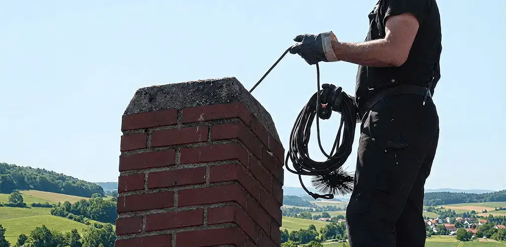 Chimney sweep inspecting and cleaning a rooftop chimney in Myrtle Beach, SC