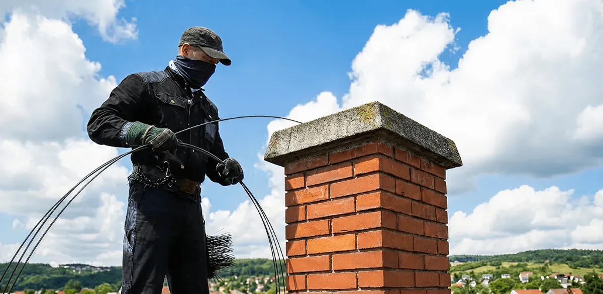 Chimney sweep cleaning a brick chimney with professional tools in Myrtle Beach, SC