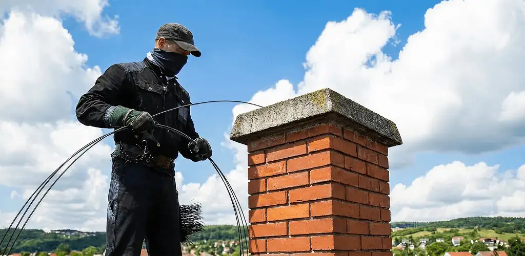 Chimney sweep cleaning a brick chimney with professional tools in Myrtle Beach, SC