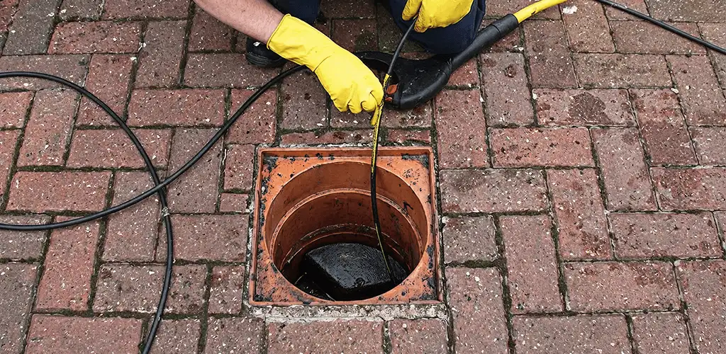 Drain cleaning technician using a drain snake to clear a clogged drain in Myrtle Beach, SC