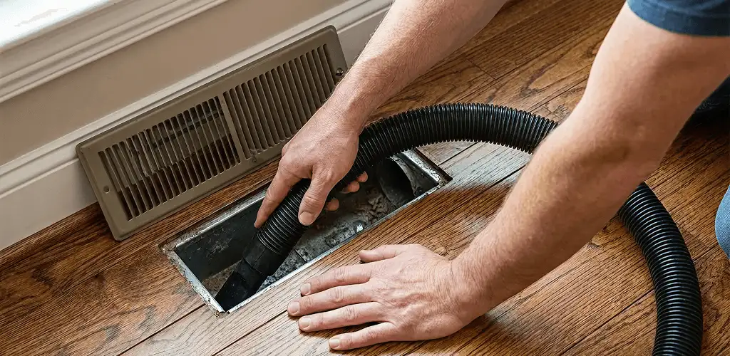 Air duct cleaning technician vacuuming a floor register and duct opening in Myrtle Beach, SC