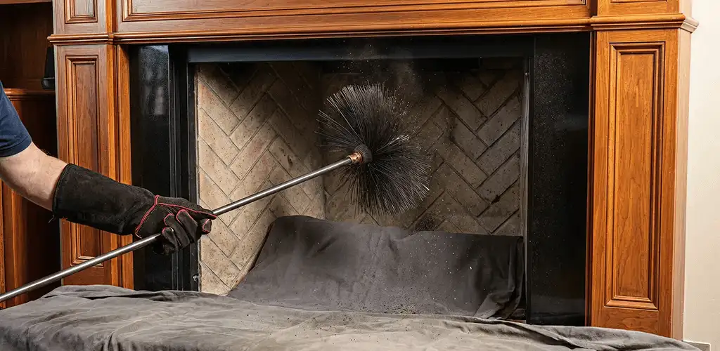 Chimney cleaning service brushing soot from a fireplace and flue in Myrtle Beach, SC