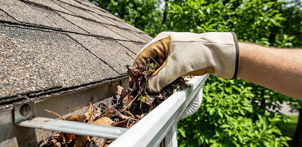 Gutter cleaning removing leaves and debris from roof gutters in Myrtle Beach, SC