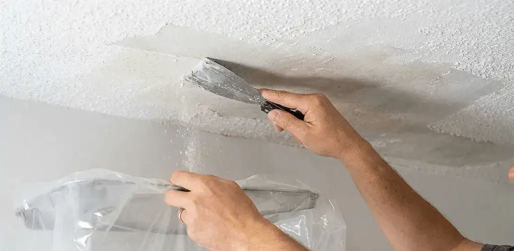 Popcorn ceiling removal technician scraping texture from a ceiling in Myrtle Beach, SC
