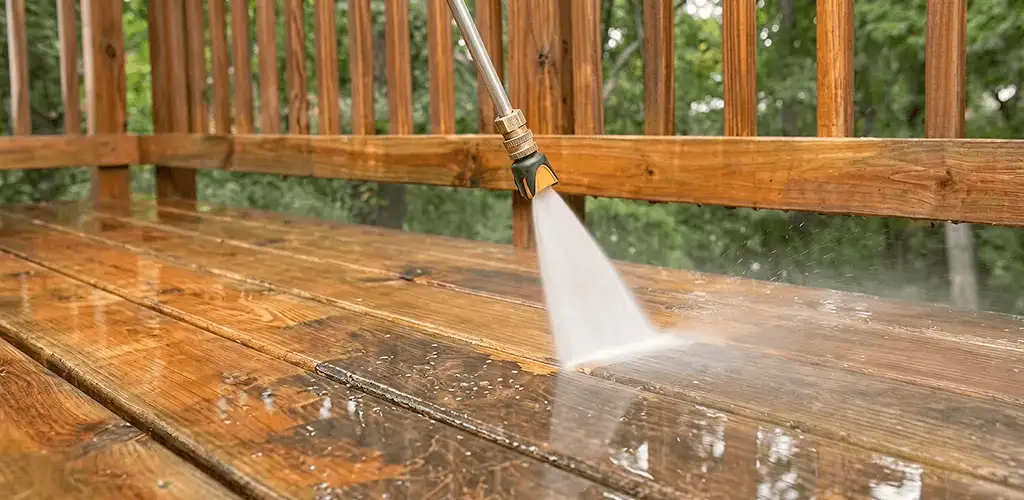 Pressure washing a wood deck to remove dirt and buildup in Myrtle Beach, SC