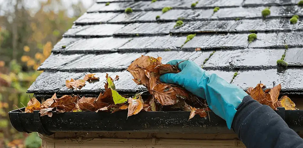Gutter cleaning technician clearing wet leaves from roof gutters in Myrtle Beach, SC