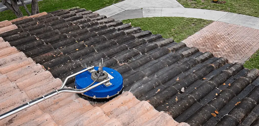 Roof pressure cleaning removing debris and buildup from roof tiles in Myrtle Beach, SC