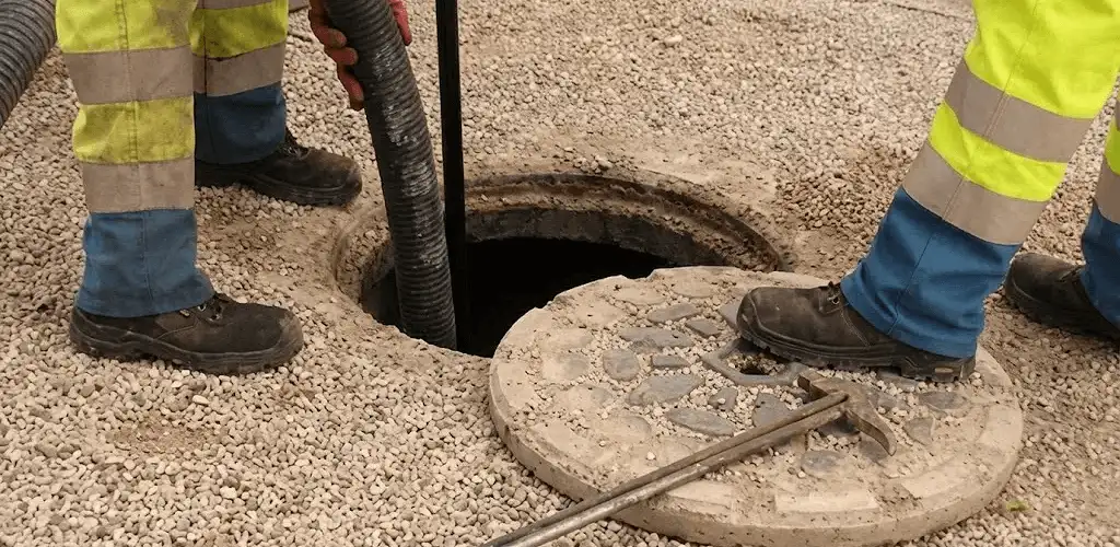 Drain cleaning crew clearing a sewer access point with professional equipment in Myrtle Beach, SC