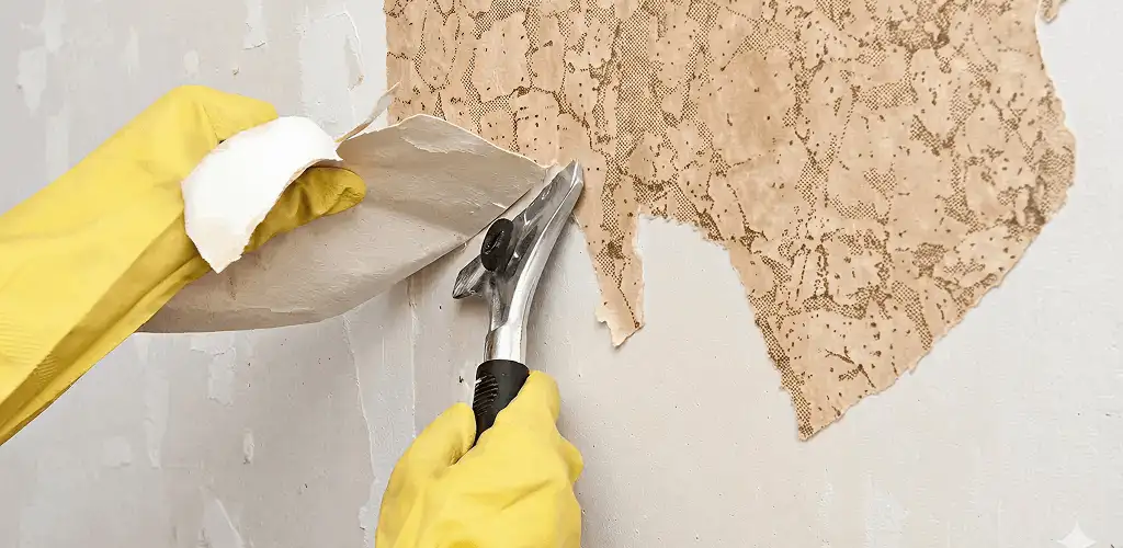 Wallpaper removal service stripping old wallpaper from a wall in Myrtle Beach, SC